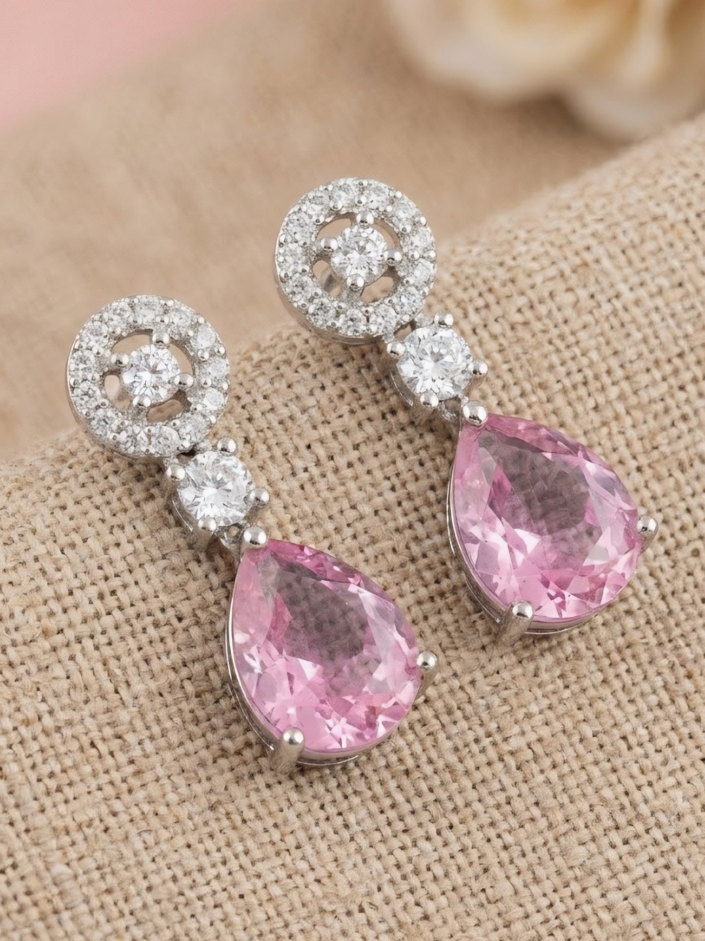 Silver Plated Pink AD Drop Earrings for Women