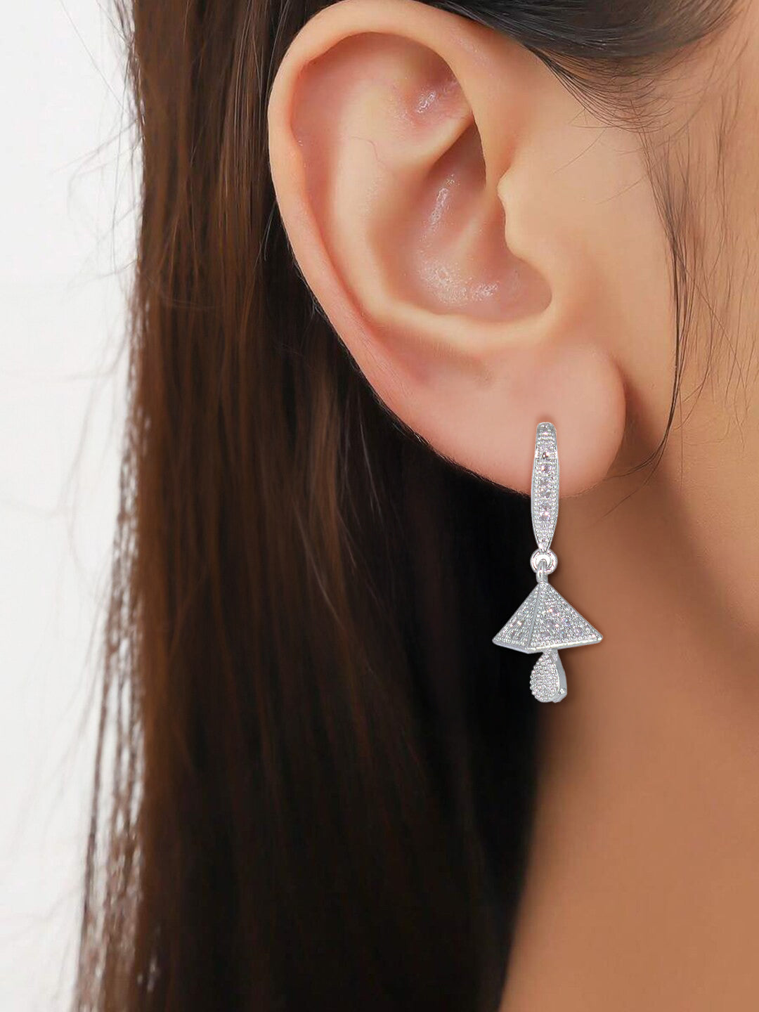 Silver Plated American Diamond Small Tringle Shaped Drop Jhumka Earrings
