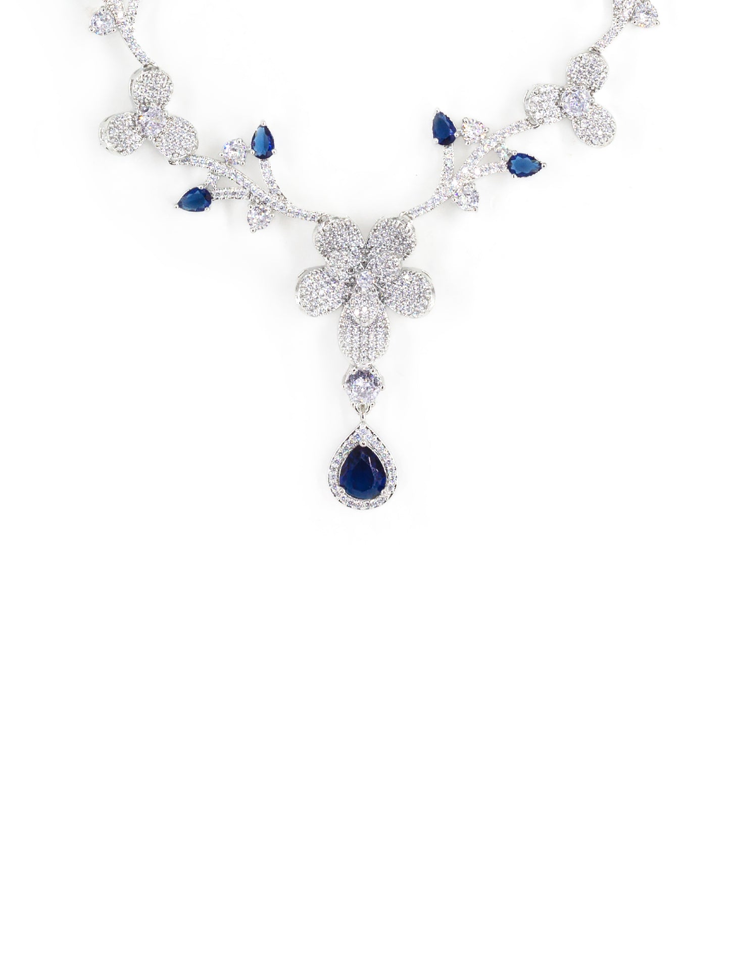 Silver Plated Blue & White American Diamond Designer Jewellery Set