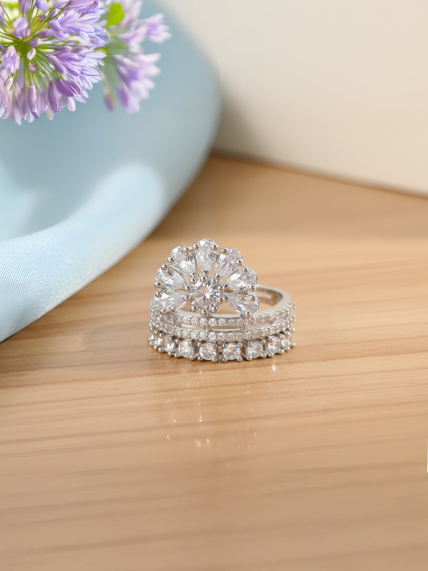 Silver Plated White American Diamond Floral Ring