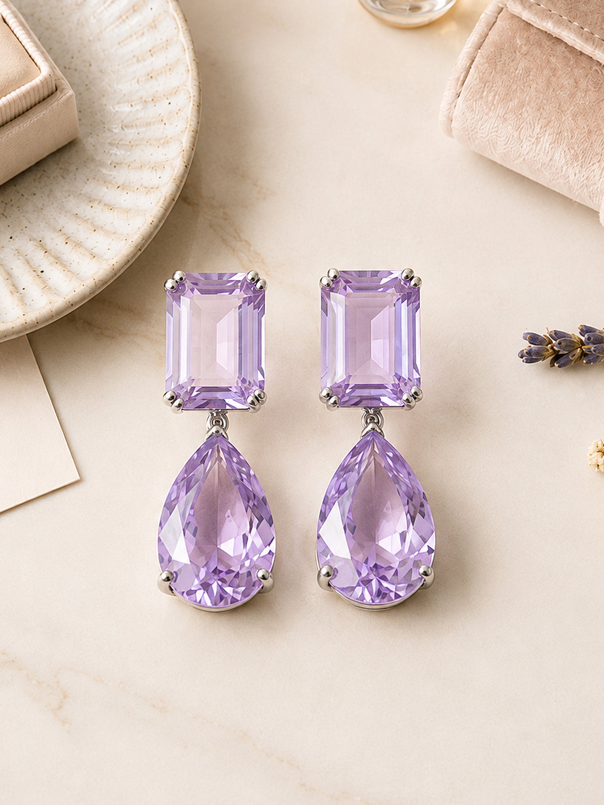 Rhodium Plated Purple American Diamond Teardrop Earrings
