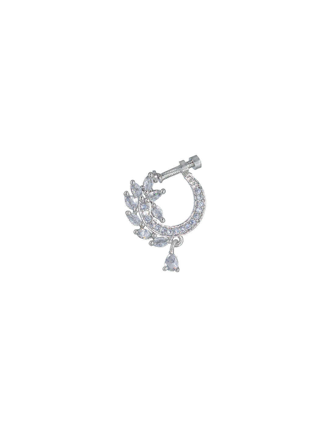 Rhodium Plated American Dimaond Floral Drop Nose Ring