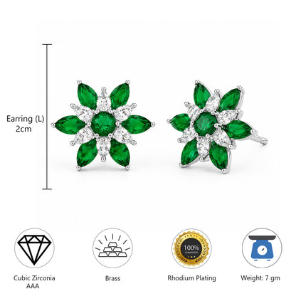 Rhodium Plated Green AD Floral Stud Earrings for Women