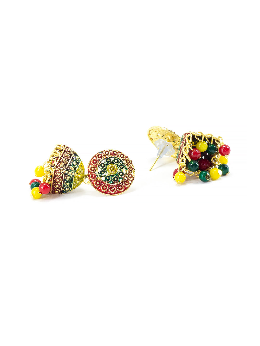 Gold Plated Circular Multi Color Artificial Beaded Jhumki Earrings
