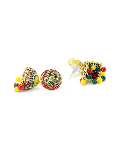 Gold Plated Circular Multi Color Artificial Beaded Jhumki Earrings