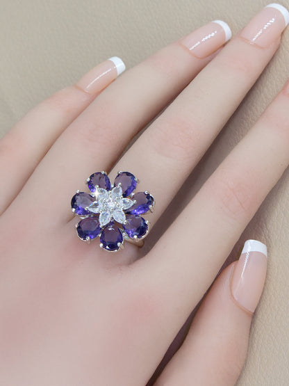 Silver Plated Purple Floral AD Adjustable Ring For Women