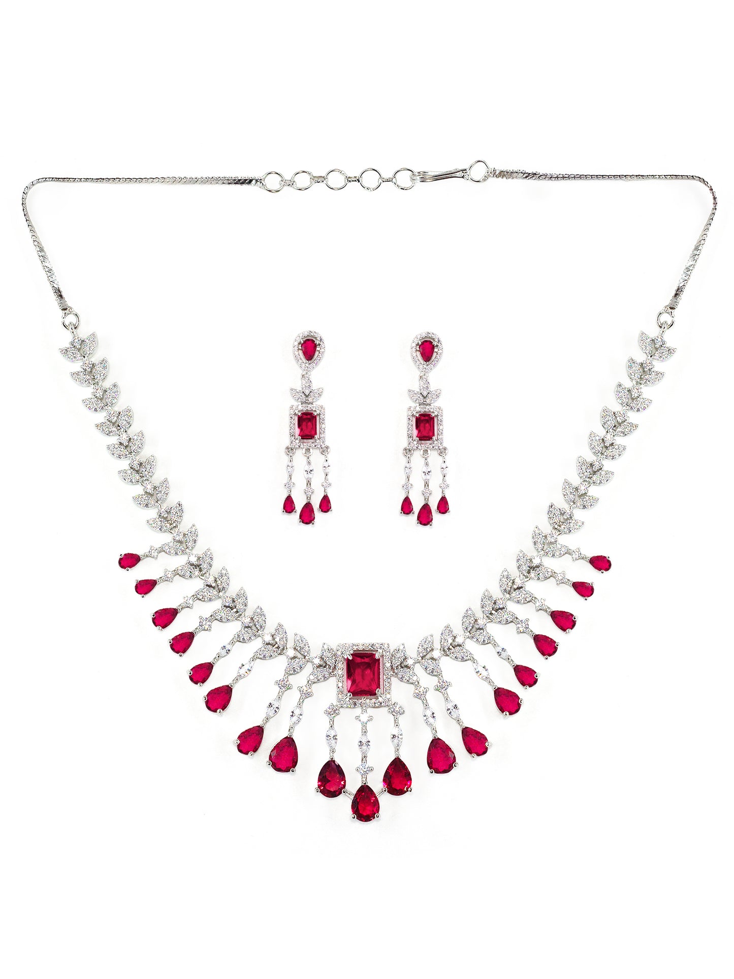 Silver Plated Red American Diamond Studded Jewellery Set