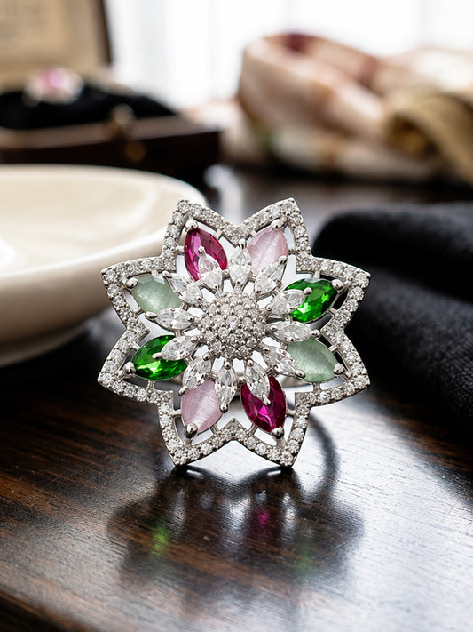 Silver Plated Multi AD Floral Finger Ring for Women