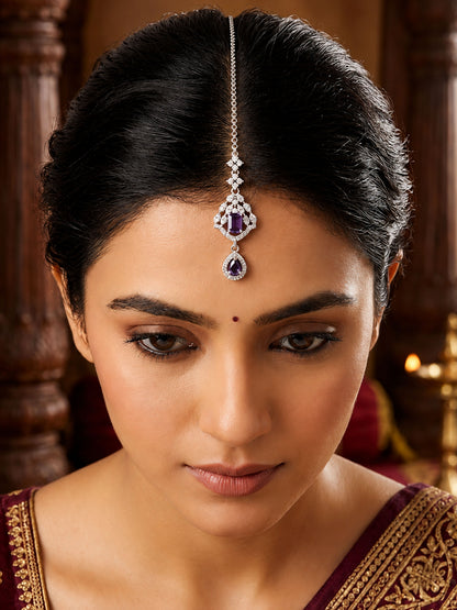 Silver Plated Purple AD Maang Tikka for Women