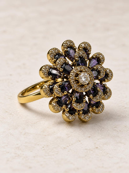 Antique Gold Plated Purple AD Floral Finger Ring for Women