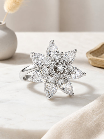 Rhodium Plated AD Floral Finger Ring for Women