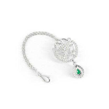 Rhodium Plated Green AD Maang Tikka for Women