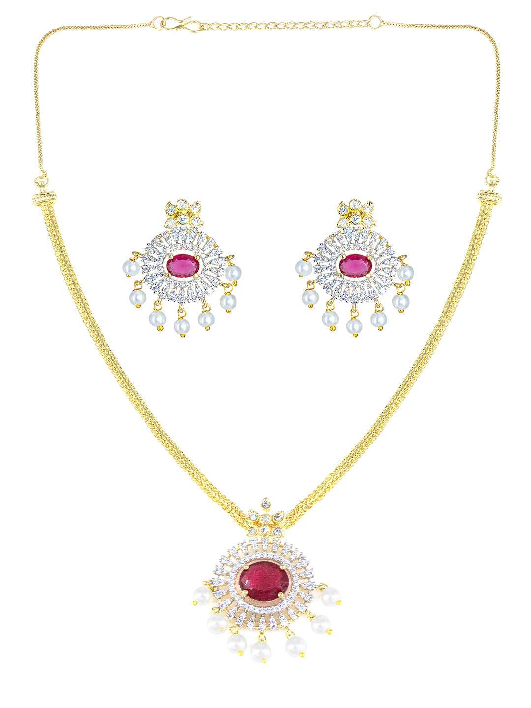 Gold Plated Ruby AD Faux Pearl Jewellery Set