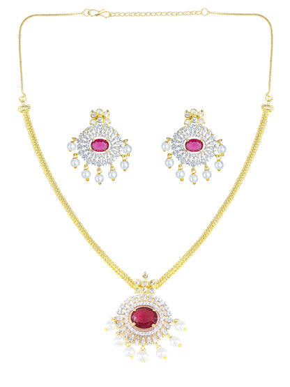 Gold Plated Ruby AD Faux Pearl Jewellery Set