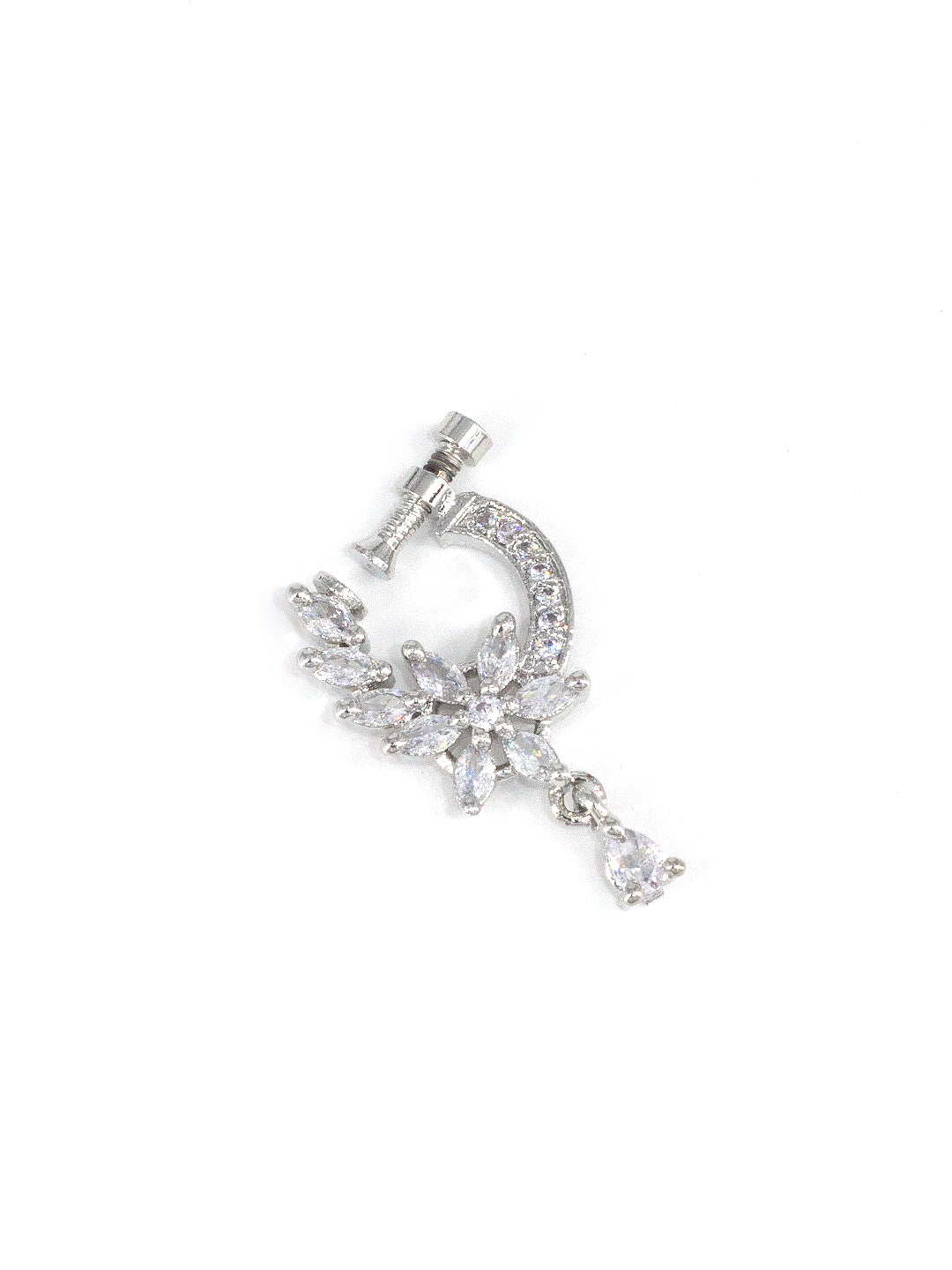 Rhodium Plated American Dimaond Floral Drop Nose Ring