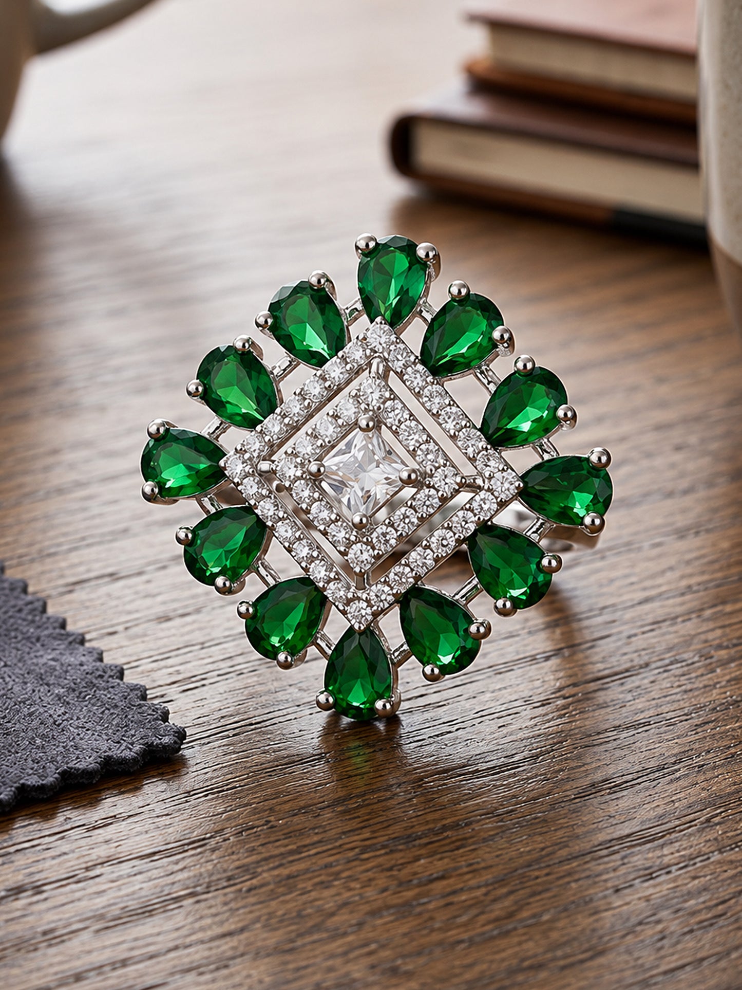 Silver Plated Green AD Finger Ring for Women