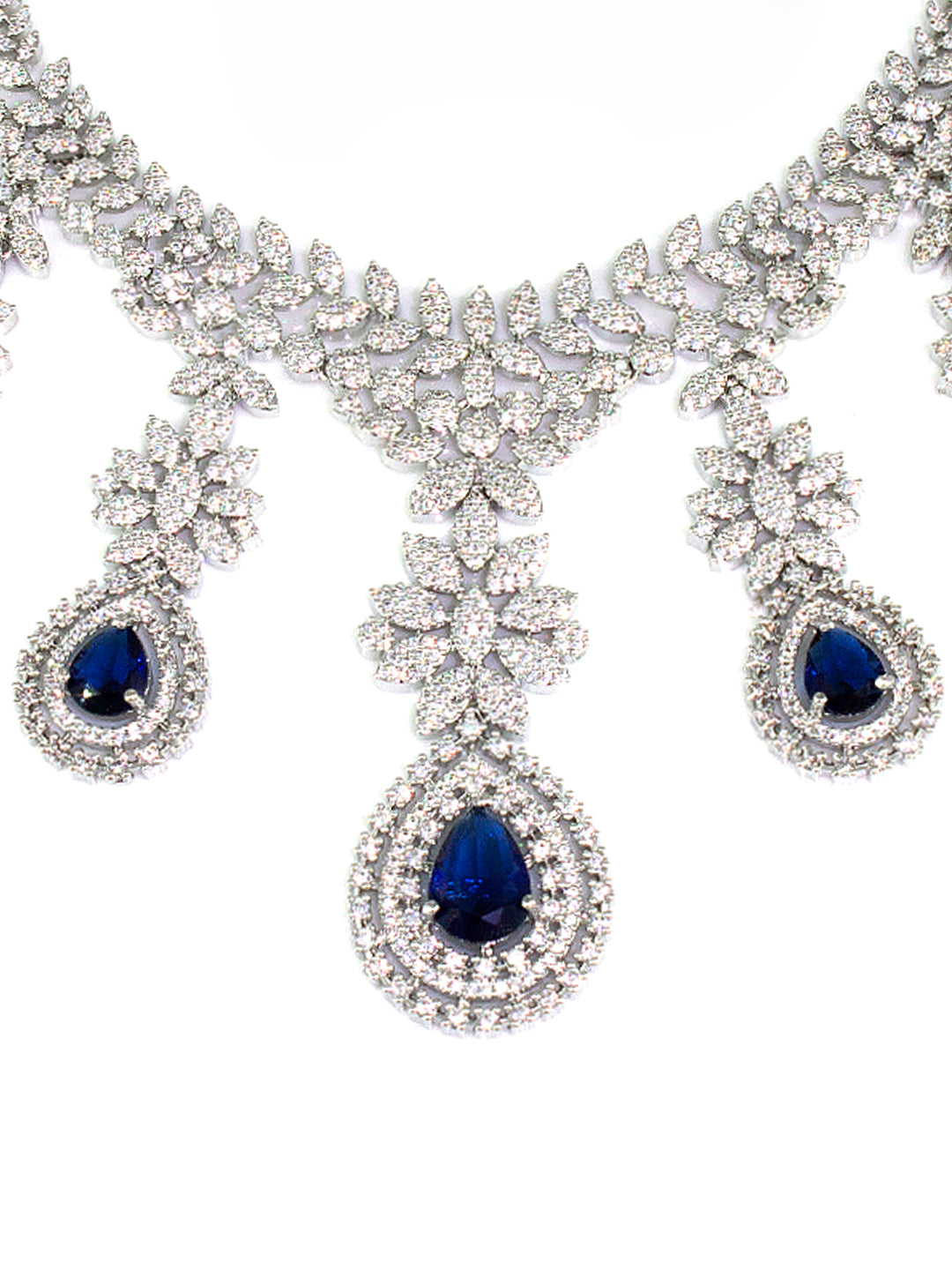 Rhodium-Plated Blue Statement AD-Studded Bridal Jewellery Set