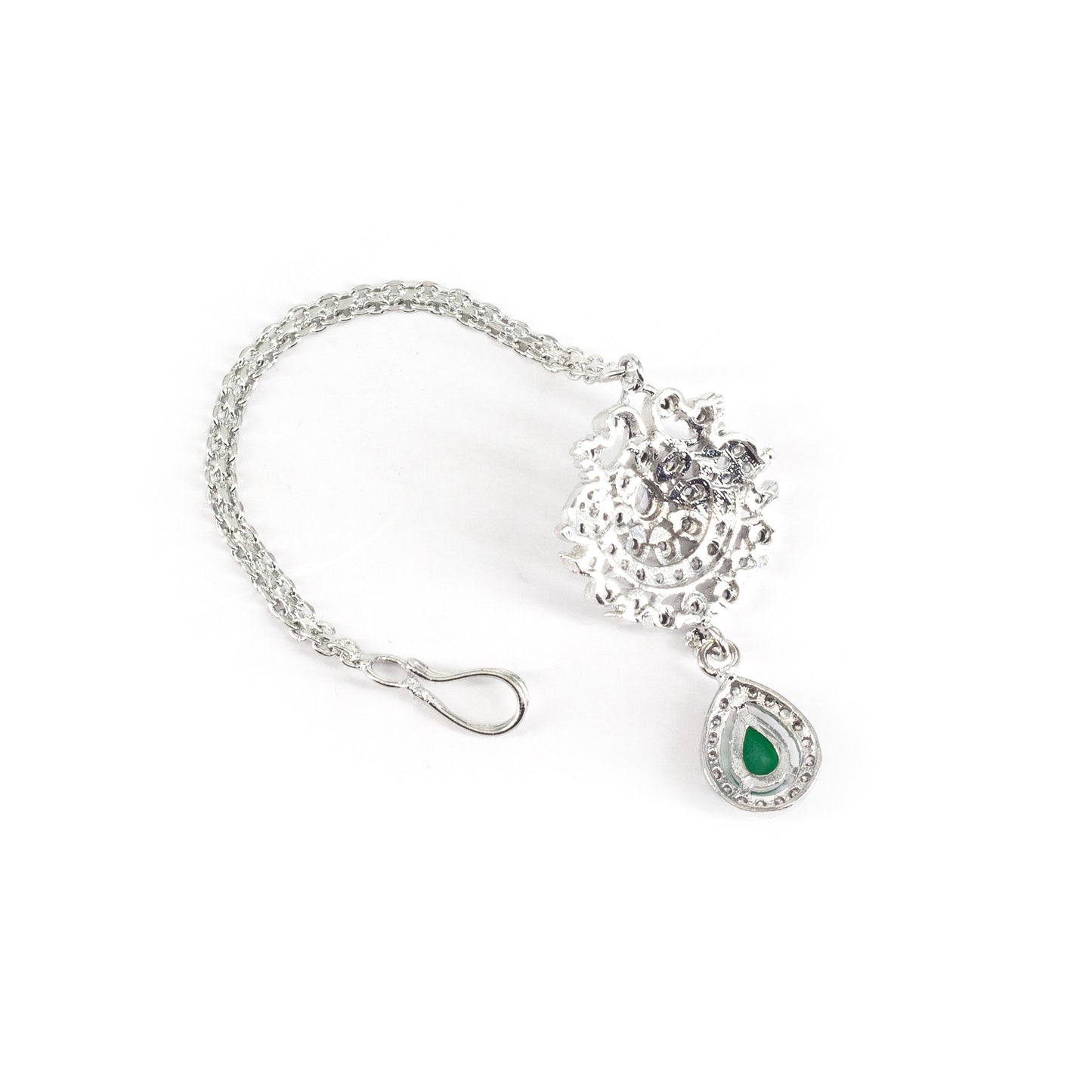 Silver Plated Green AD Maang Tikka for Women