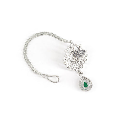 Silver Plated Green AD Maang Tikka for Women