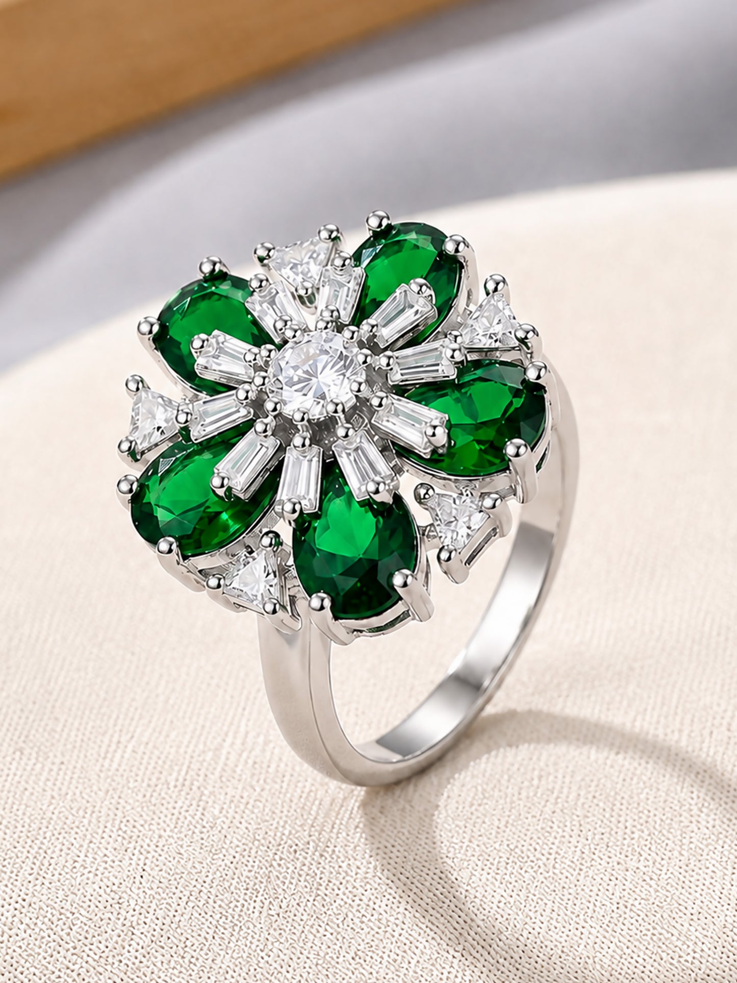 Rhodium Plated Green AD Floral Finger Ring for Women