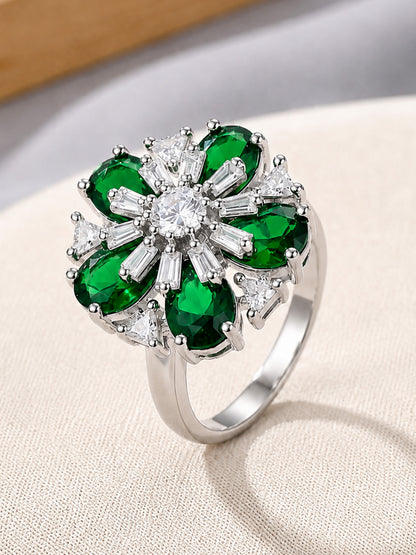 Rhodium Plated Green AD Floral Finger Ring for Women