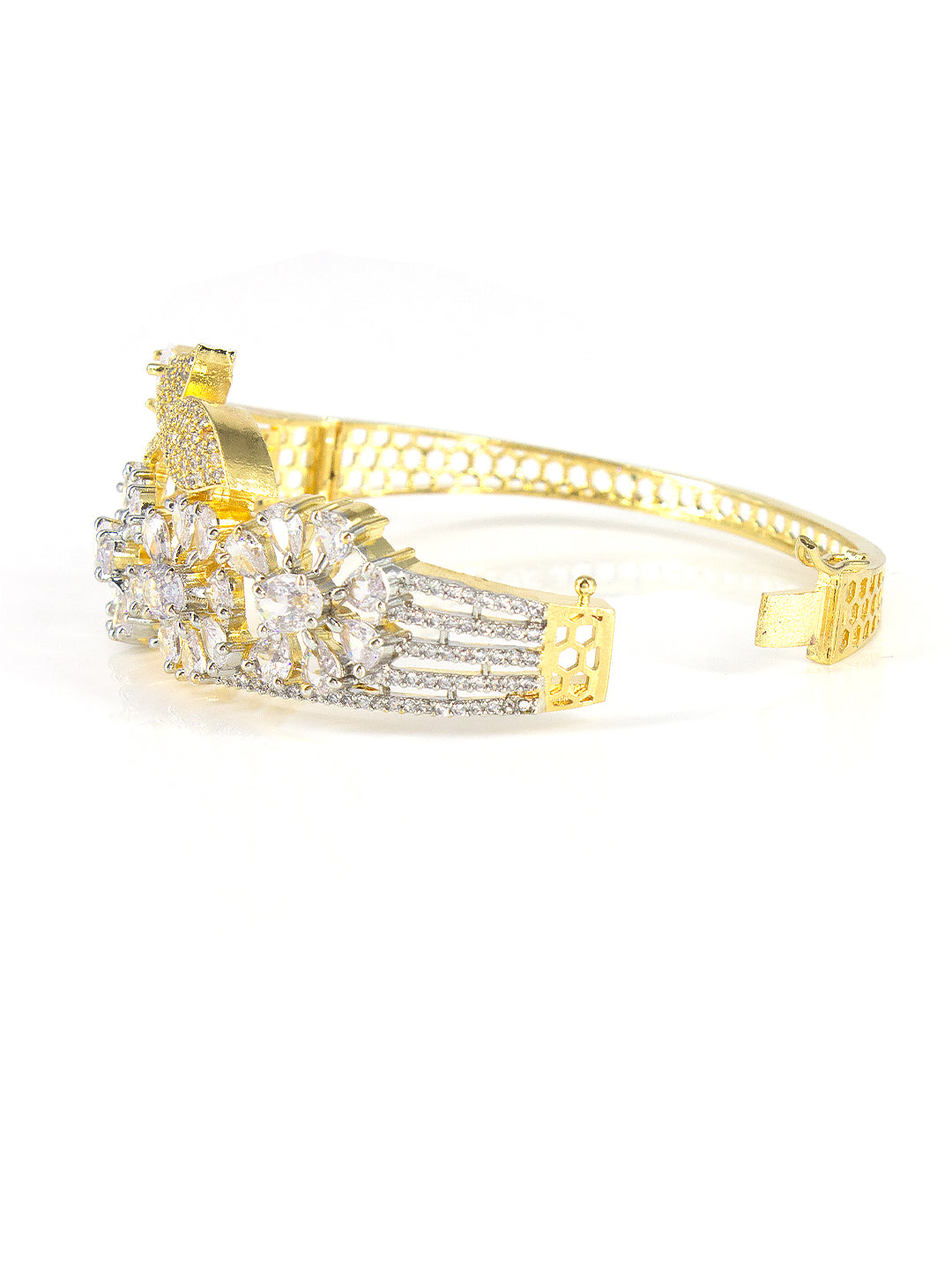 Gold Plated White AD Floral Cuff Bracelet For Women
