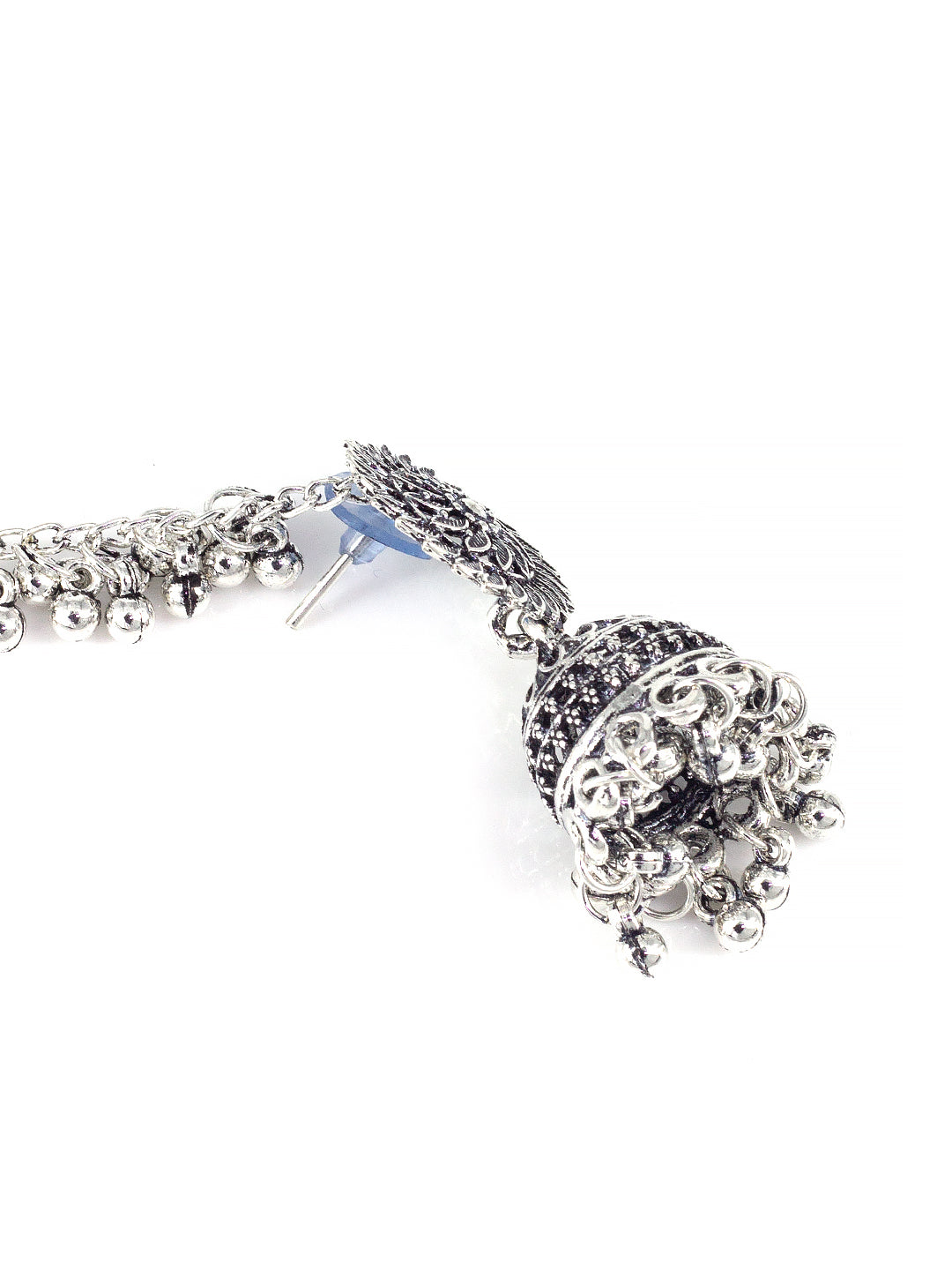 Silver-Oxidised Floral Jhumka Earrings With Ear Chain