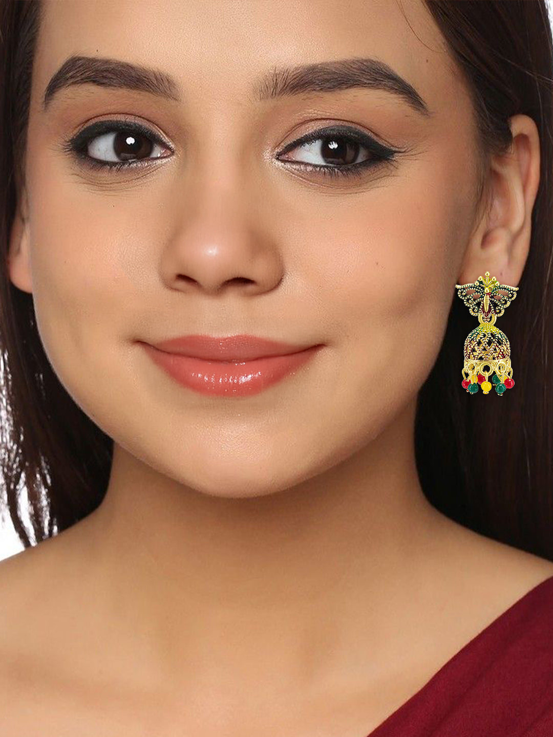 Gold Plated Butterfly Multi Color Artificial Beaded Jhumki Earrings