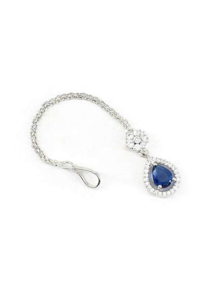 Silver Plated Blue AD Teardrop Maang Tikka for Women