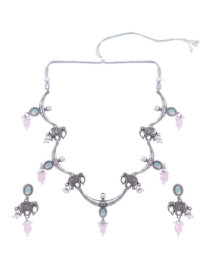 Silver-Plated Elephant Stones-Studded & Beaded Oxidised Jewellery Set