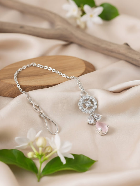 Silver Plated Pink AD Maang Tikka for Women