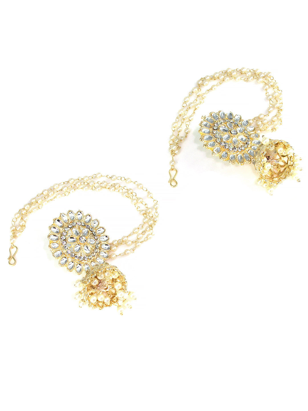 Floral Kundan-Studded & Beads Drop Jhumka Earrings With Ear Chain