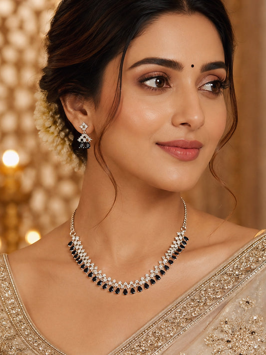 Silver Plated Black American Diamond Jewellery Set for Women