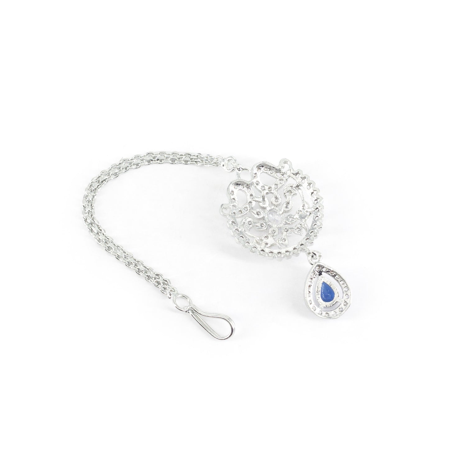 Silver Plated Blue AD Floral Maang Tikka for Women