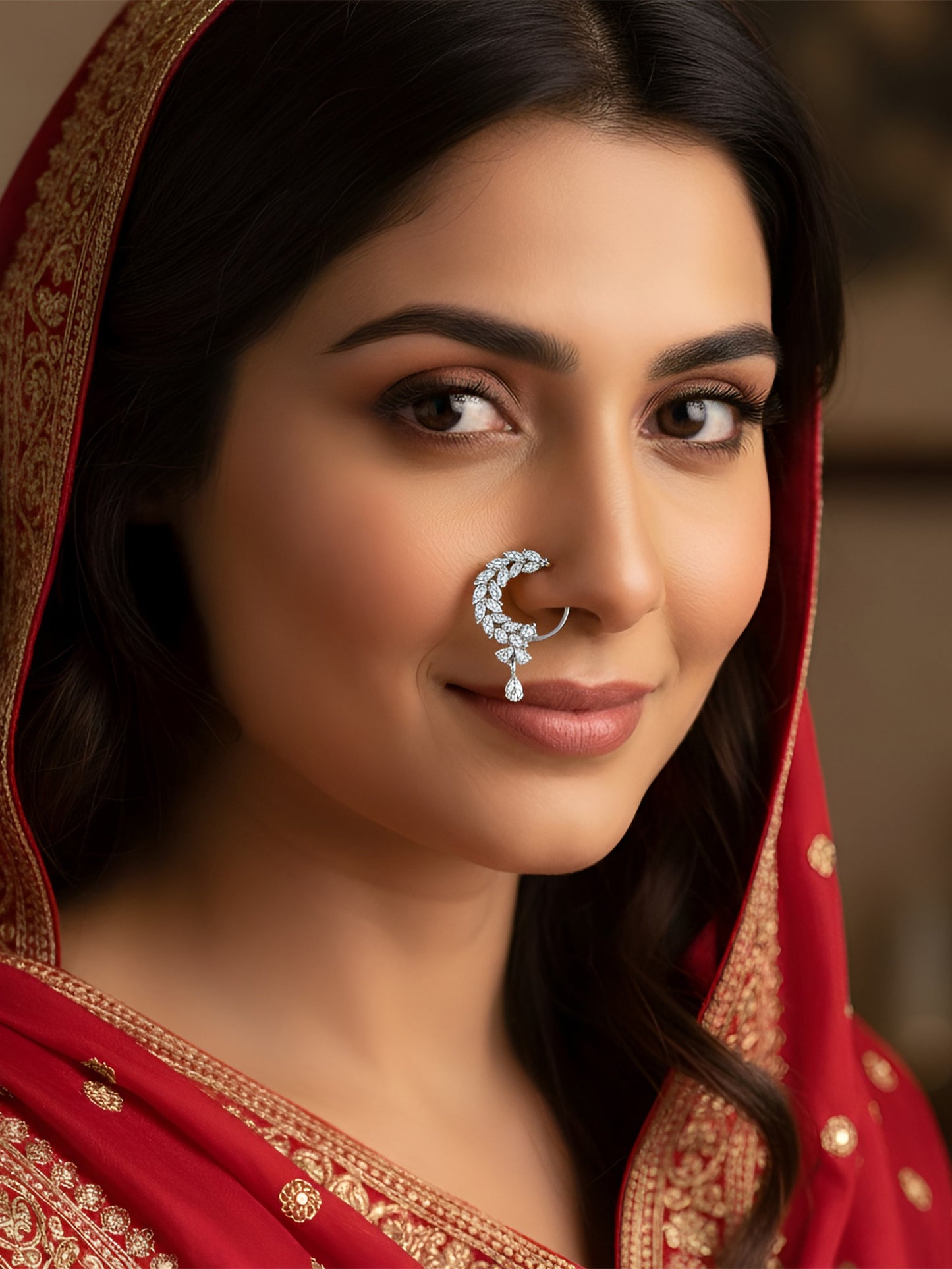 Silver Plated AD Bridal Non-piercing Drop Nose Ring