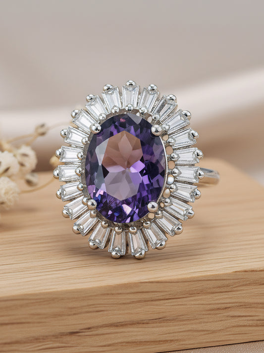 Rhodium Plated Purple AD Finger Ring for Women