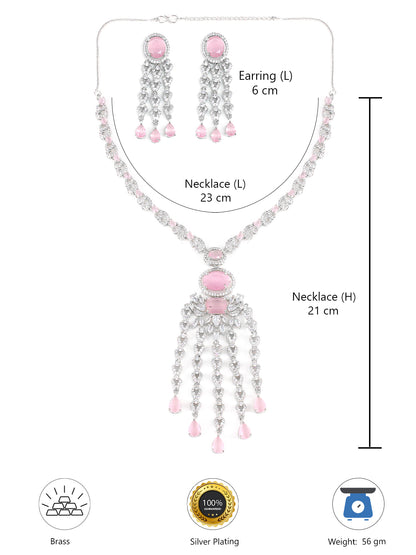 Rhodium Plated Pink Designer AD Jewellery Set