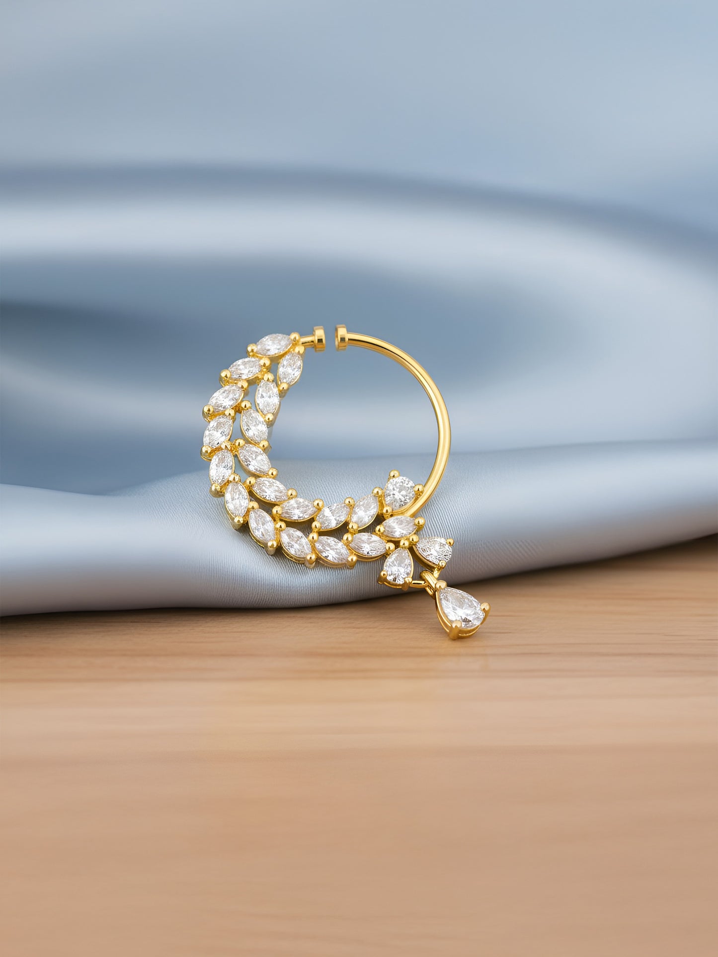 Gold Plated White AD Bridal Non-piercing Drop Nose Ring for Women