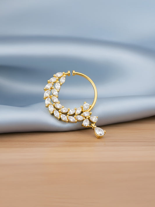 Gold Plated White AD Bridal Non-piercing Drop Nose Ring for Women