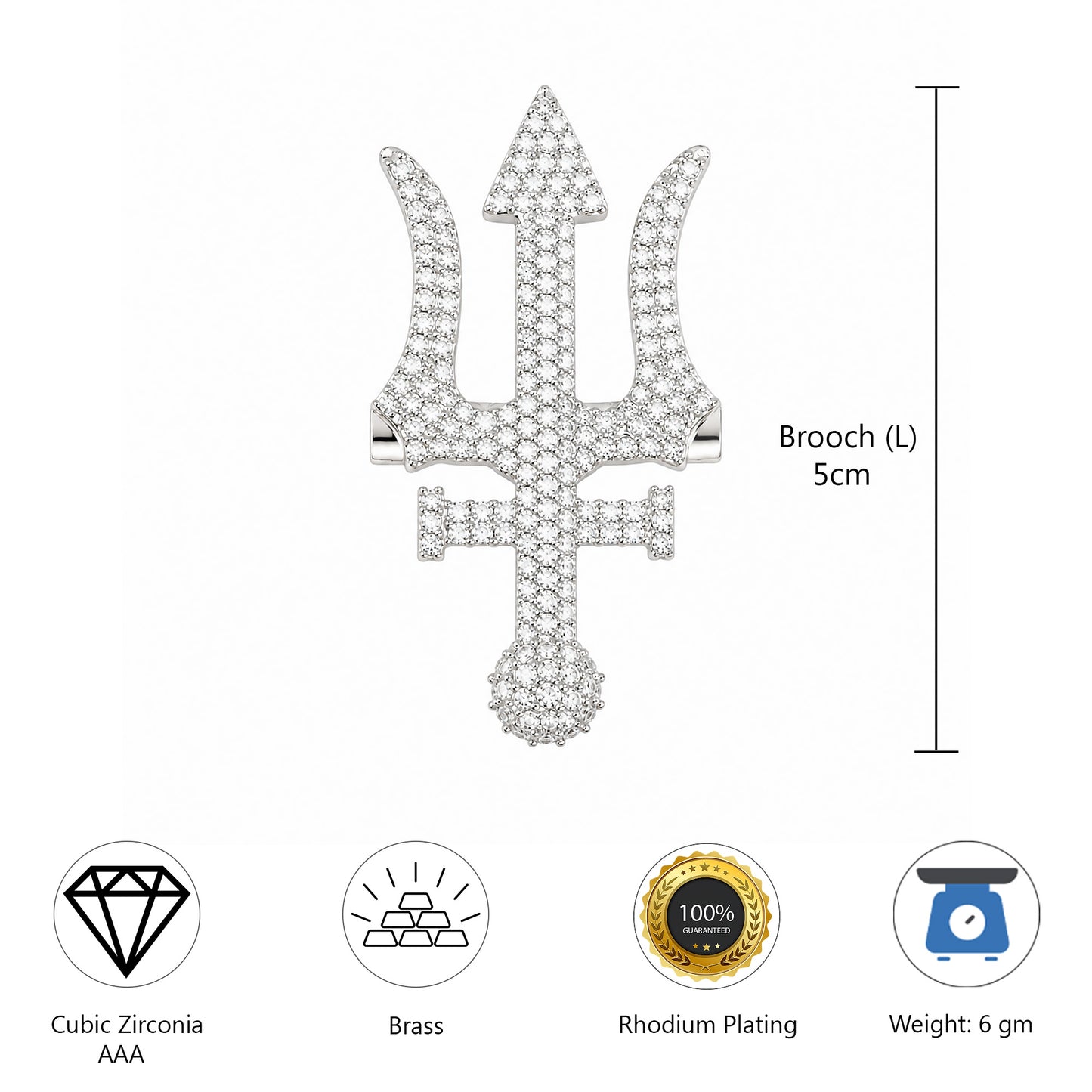 Silver Plated AD Trishul Brooch