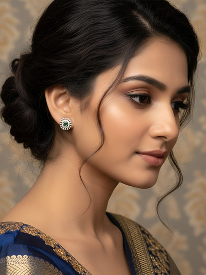 Silver Plated Green & White AD Studs For Women