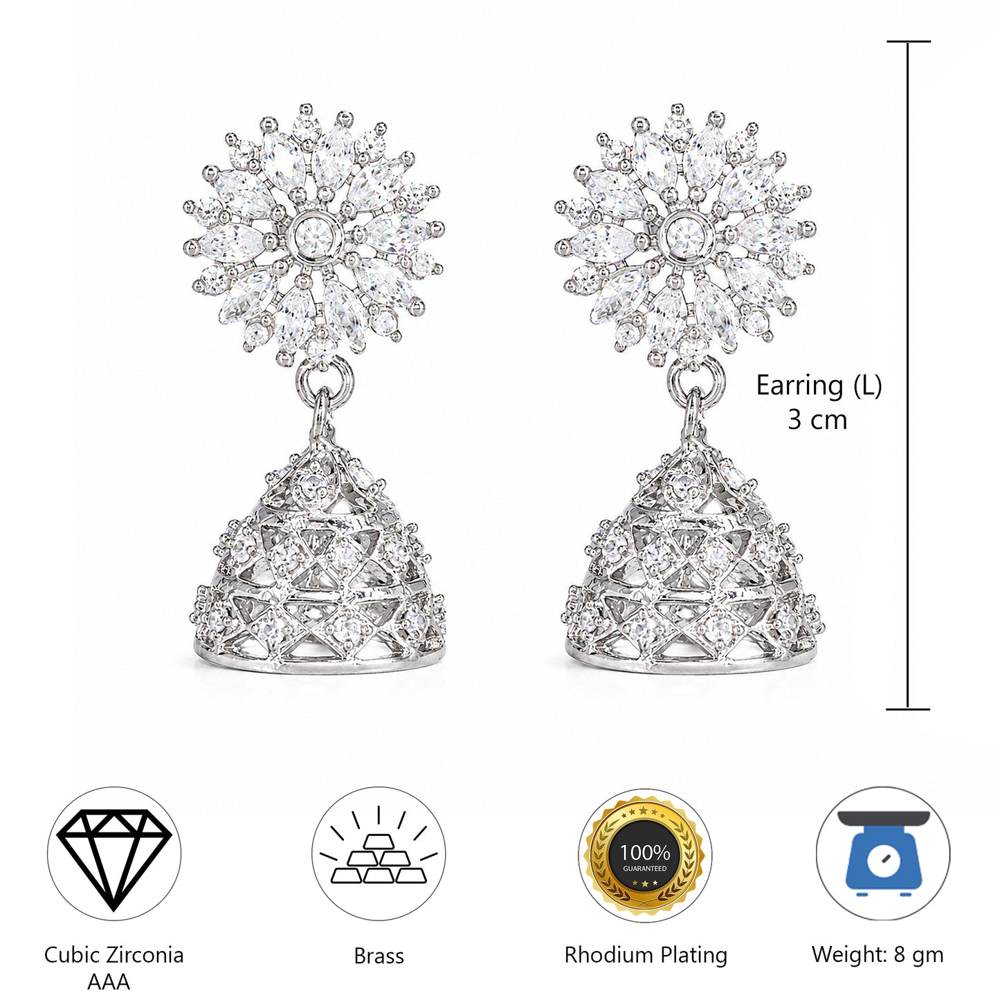 Silver Plated American Diamond Floral Jhumka Earrings for Women