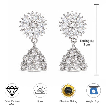 Silver Plated American Diamond Floral Jhumka Earrings for Women