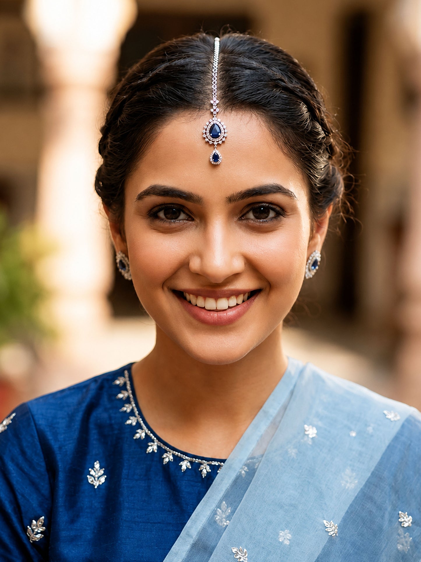 Silver Plated Blue AD Maang Tikka for Women