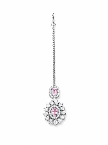 Silver Plated Pink AD Maang Tikka for Women