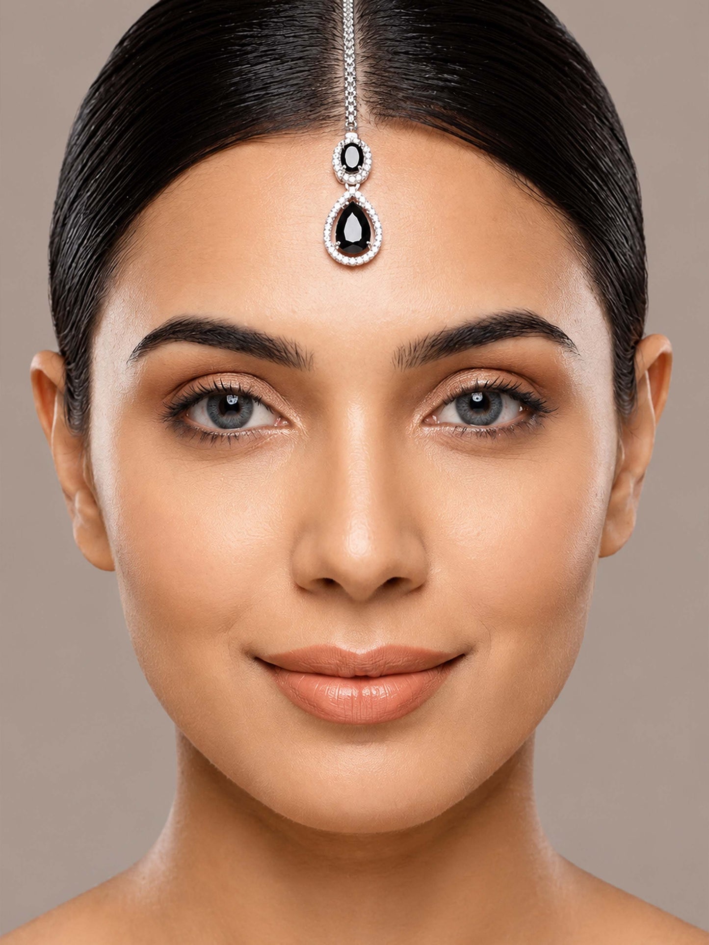 Silver Plated Black AD Maang Tikka for Women