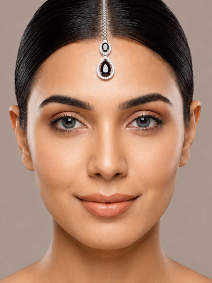 Silver Plated Black AD Maang Tikka for Women
