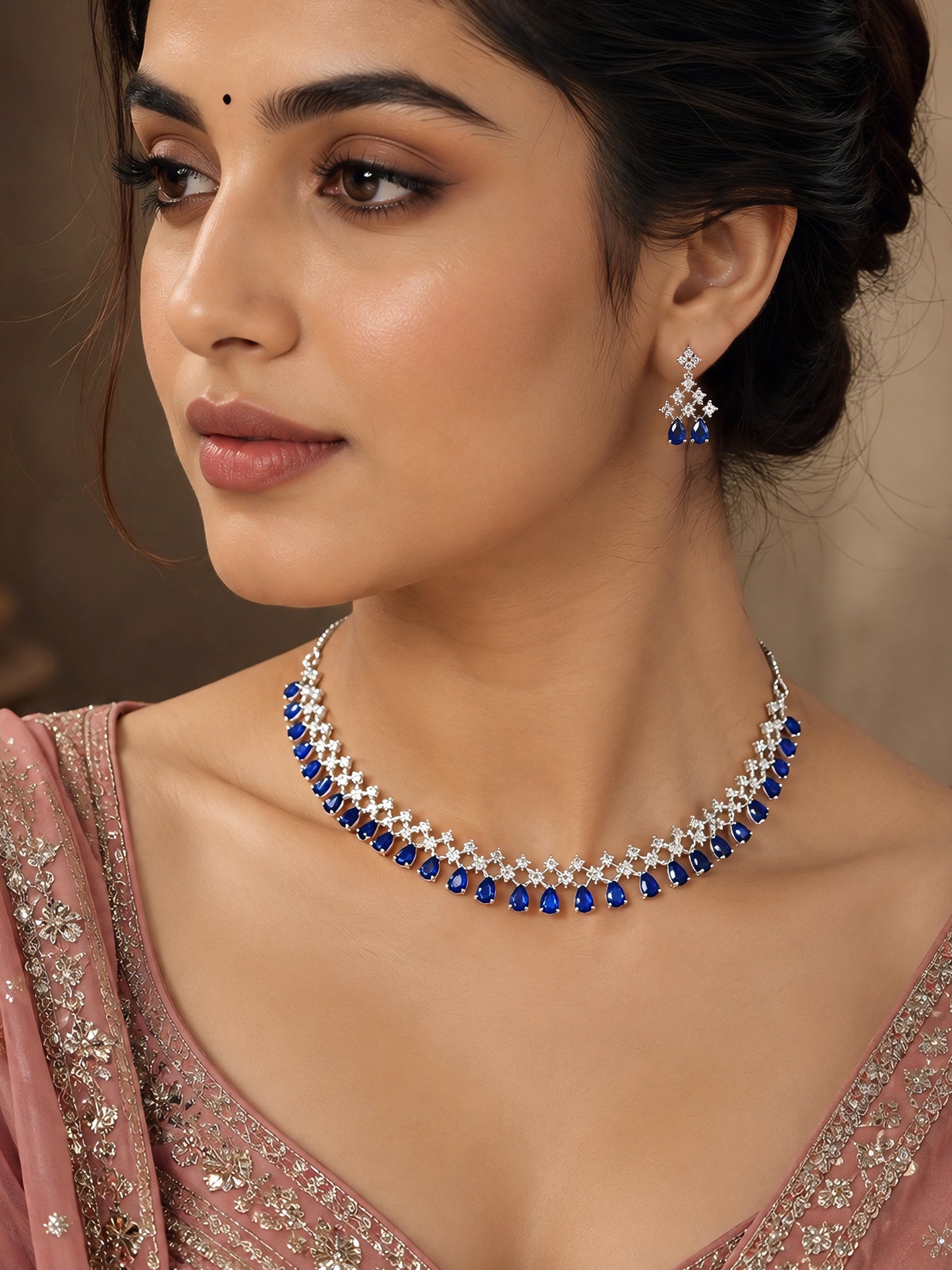 Silver Plated Blue American Diamond Jewellery Set for Women
