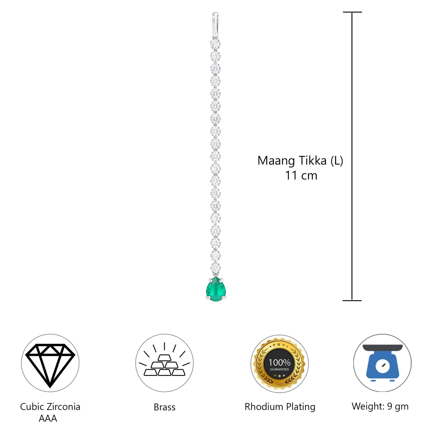 Rhodium Plated Green AD Maang Tikka for Women