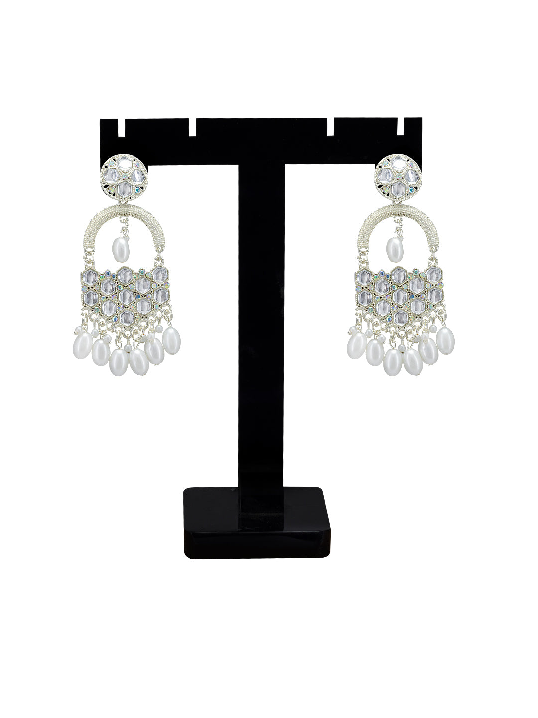 Silver Plated White Artificial Beads & Stones Studded Drop Earrings
